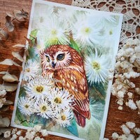 ORIGINAL watercolor painting 5x7 inches pained by Yui Chatkamol,Enchanting Owl in Bloom, Han...