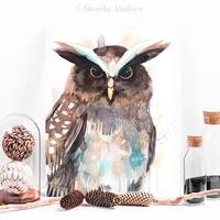 Crested owl watercolor painting print by Slaveika Aladjova, art, animal, illustration, bird,...