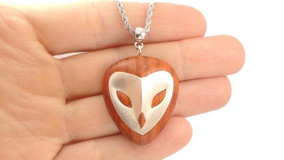 Handmade Elegant wood silver owl necklace, barn owl pendant 