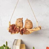 Hanging Wooden Owl, Wood Carving, Couple Figurine ,Handmade, Bird Ornament, Nature, Patio De...