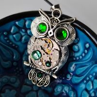 Owl necklace jewelry Gift Silver Green Steampunk pendant Bird Fantasy jewellery Totem For wo...