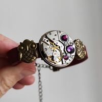 Watch movement Owl bracelet Steampunk gift For Men Men's Mens Women woman Silver Red Tot...