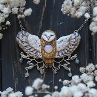 Barn Owl With Opalite Necklace, Witch Owl Charm, Wicca Owl Necklace, Bird Jewelry, Magic Owl...