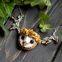 Barn Owl Pendant, Leaf Crown Owl Charm