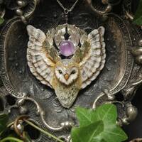 Barn Owl Necklace with Amethyst
