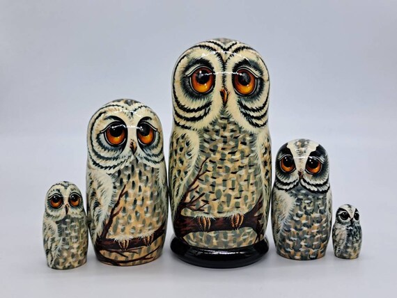 Owl Nesting dolls Matryoshka Hand made Bird Polar owl Russian doll 7" tall 5 in 1