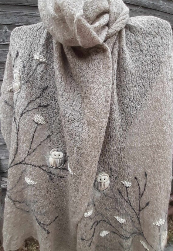 Knitted mohair scarf with embroidery owl,soft and casual winter accessories,lovely Christmas gift for her,beige scarf with white owls.