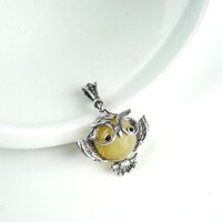 Sterling Silver and Amber Owl Necklace Pendant