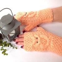 Peach Owl Gloves, Knit Fingerless Owl Mittens, Knitted Fingerless Gloves, Knit Wrist Warmers...