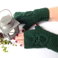 Dark Green Owl Gloves, Knit Fingerless Owl Mittens, Knitted Fingerless Gloves, Knit Wrist Wa...