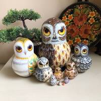 NEW Unique Owls Nesting Doll 10pcs 6,5” Hand Painted Wooden Matryoshka, Owls Home Deco...