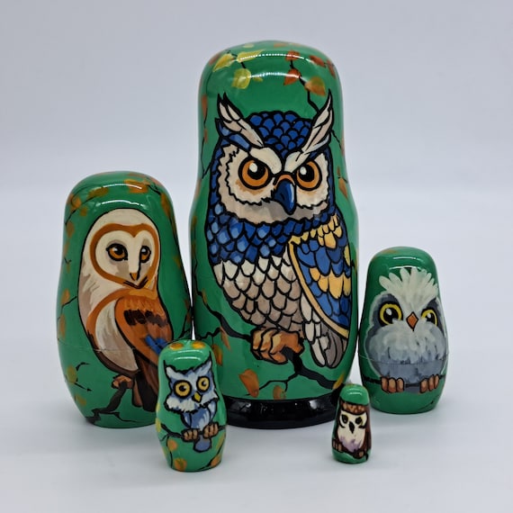 5" Nesting dolls Owls Matryoshka Handmade and painted Bird Russian doll 5 in 1 Wooden toy for kids gifts and collection or home decor