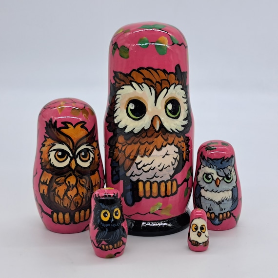 5" Nesting dolls 5 in 1 Owls Matryoshka Handmade and painted Bird Russian doll Wooden toy for kids gifts and collection or home decor