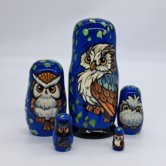 5" Nesting dolls 5 in 1 Owls Matryoshka set Handmade and painted in Ukraine Bird doll Wooden toy for kids gifts collection Ukrainian artwork