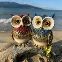 Unique Handcrafted Figurine: Vintage Look Owls in Blue and Red, Ideal Christmas Gift