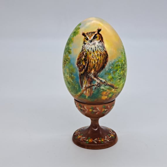 Owl Wooden figurine Oil painted Egg shape Forest life Handmade and painted in Ukraine in 2024 for collection or gift Home decor
