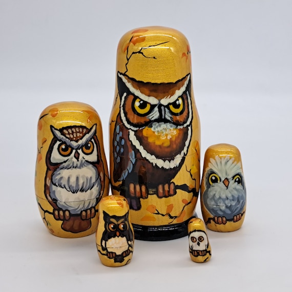 5" Nesting dolls Owls Matryoshka Handmade and painted Bird 5 in 1 Russian doll Wooden toy for kids gifts and collection or home decor