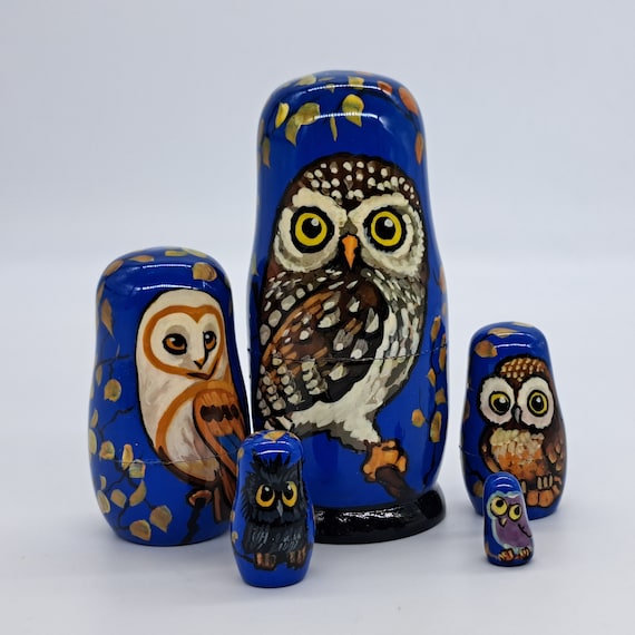 5" Nesting dolls Owls 5 in 1 Matryoshka Handmade and painted Bird Russian doll Wooden toy for kids gifts and collection or home decor