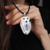 White owl pendant Amethyst jewelry Polar owl Snow owl pendant Winter Mood One of a kind 3d f...