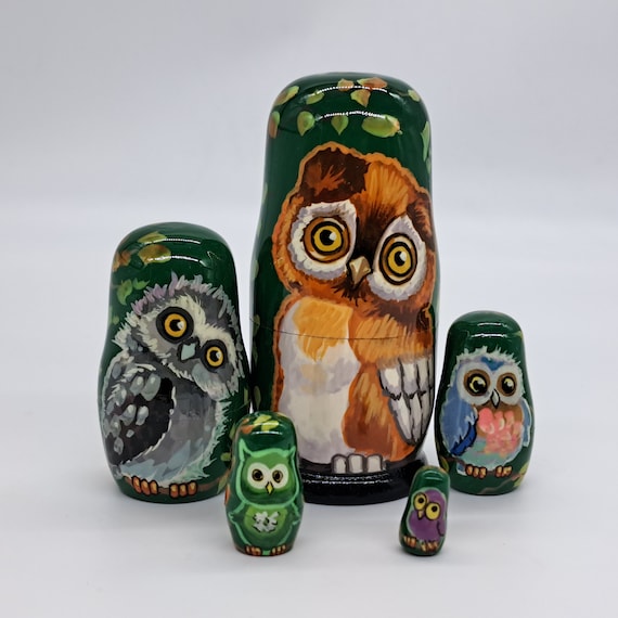 5" Nesting dolls 5 in 1 Owls Matryoshka Handmade and painted in Ukraine Bird doll Wooden toy for kids gifts and collection Artwork