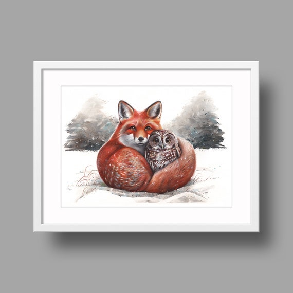 Trust | Owl & Fox | Original artwork | Ballpoint pen drawing on white recycled paper | Wall mounted home decor