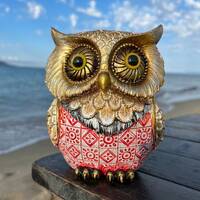 Gold and Red Owl Figurine with Big Eyes - Handmade Christmas Gift for Owl Lovers