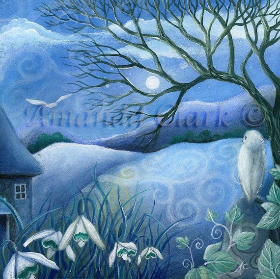 Print titled "Silence" by Amanda Clark - fairytale art print, landscape art, owl wall decor, winter art scene, woodland art print