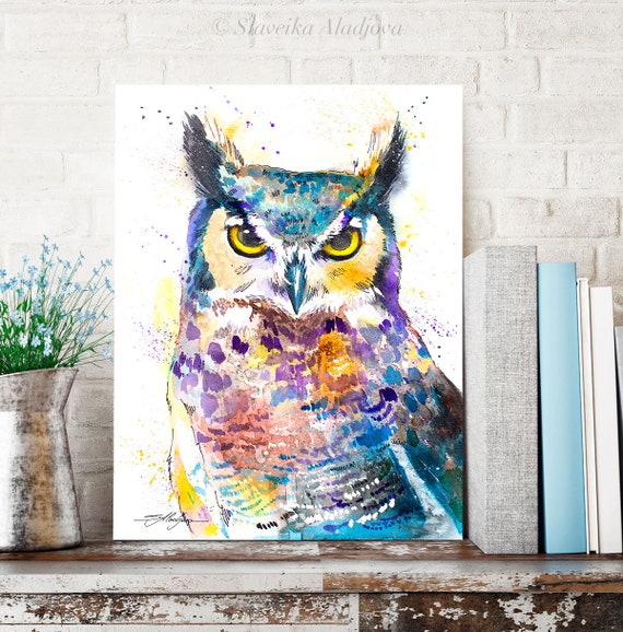Horned Owl watercolor painting print by Slaveika Aladjova, art, animal, illustration, bird, home decor, wall art, Wildlife, Contemporary