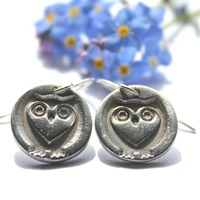 Owl earrings, sterling heart owl earrings, wildlife earrings, owl drop earrings, tawny owl e...