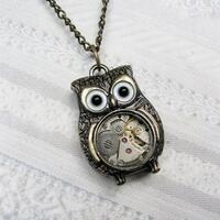 Brass Steampunk Owl Necklace with watch parts