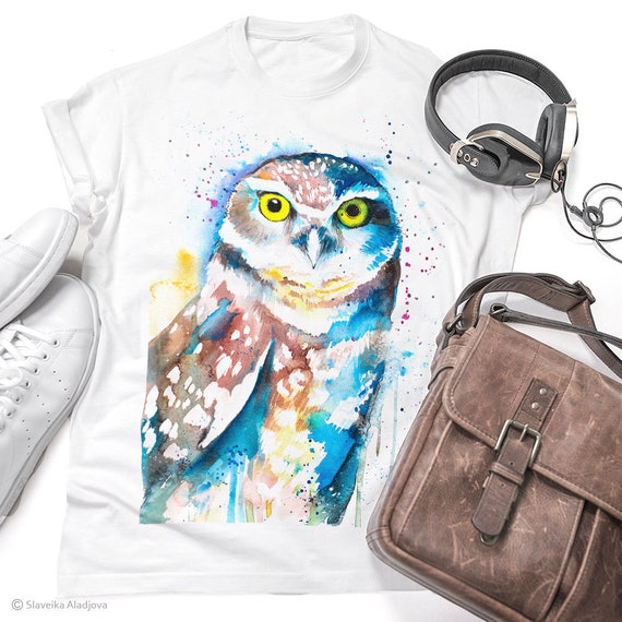 Burrowing owl T-shirt, Unisex T-shirt, ring spun Cotton 100%, watercolor print T-shirt, T shirt art, T shirt animal,XS, S, M, L, XL, XXL