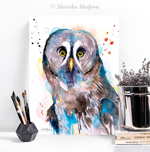 Great grey owl watercolor painting print