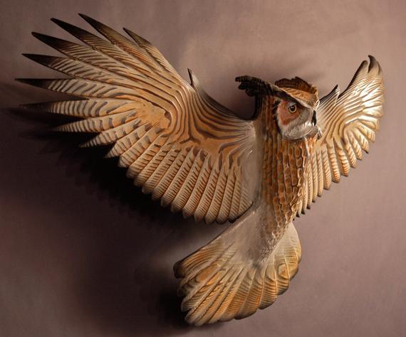 Great Horned Owl woodcarving - Silent Flight, Small