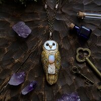 Barn Owl with Opalite Necklace, Barn Owl Charm, Witch Mystic Owl Necklace, Owl Totem Necklac...