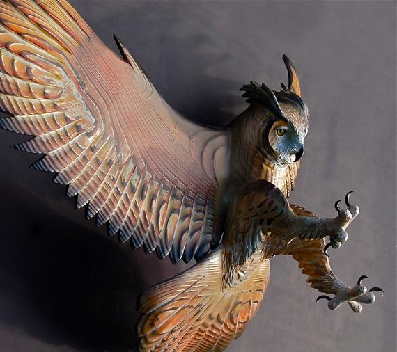Great Horned Owl Wood Sculpture Attacking Pose