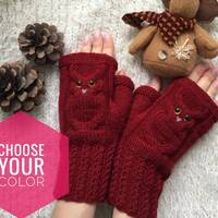 Owl fingerless mittens hand knit range of colours