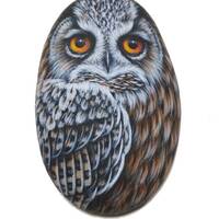 Eurasian eagle owl hand painted on sea pebble