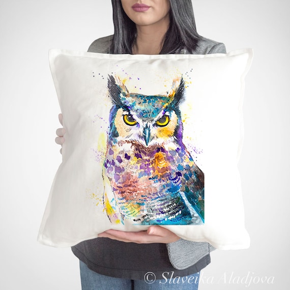 Owl Cushion Cover, Horned Owl throw pillow, Decorative Cushion Cover, Bird lover gift idea, Watercolor pillow, Cute owl print