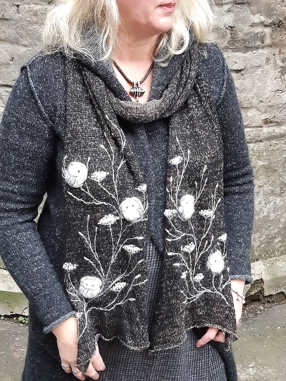 Embroidered linen scarf with owls,spring accessories,eco friendly linen scarf,lovely Mothers day gift,black and gray.