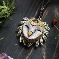 Barn Owl with Amethystium Cabochon and Metal Wreath Necklace