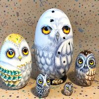 Owls Nesting Egg 5 pcs 14 cm/5.5 '', Matryoshka Owl Hand Painted, Owl Home Decor, Ec...