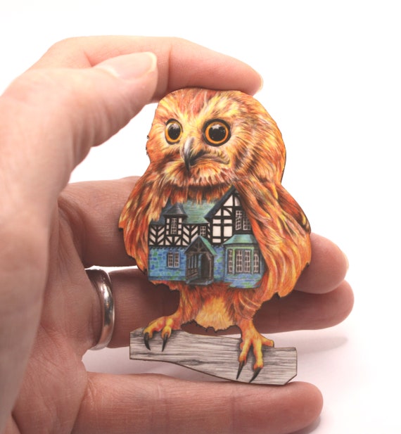 Wood Northern Saw Whet Owl house brooch