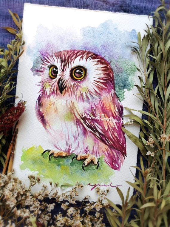 Pretty Owl - ORIGINAL watercolor painting 7.5x11 inches