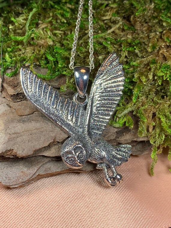 Barn Owl in flight pendant, sterling silver necklace