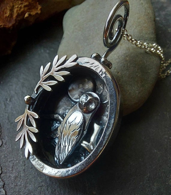 Silver owl and moon shadowbox pendant with olive branches and pine trees