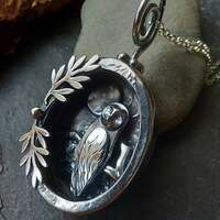 Silver owl and moon shadowbox pendant with olive branches and pine trees