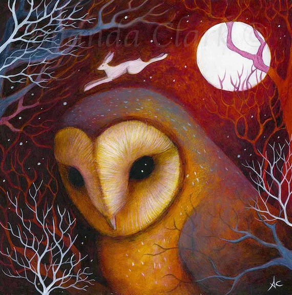 SALE! Limited edition giclee print titled "Equinox Night" by Amanda Clark - owl art print, fairytale art print, hare artwork, whimsical art