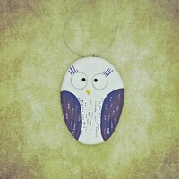 Wooden violet-white owl, wooden ornament.