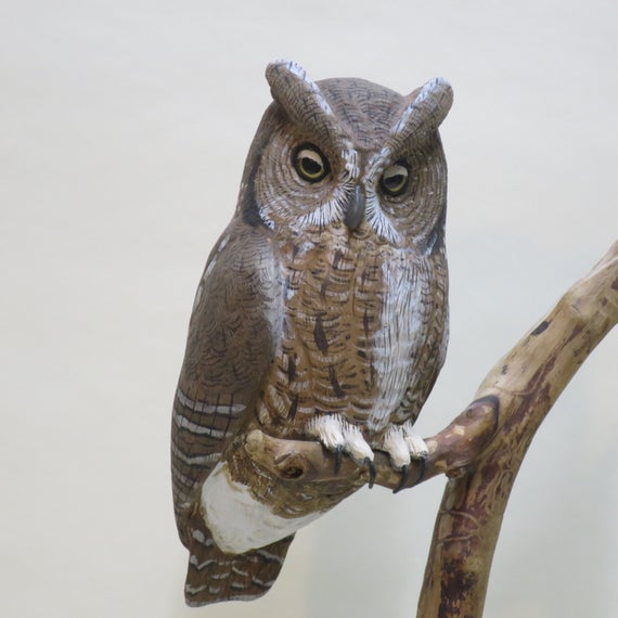 Screech Owl Realistic Wood Carving Sculpture