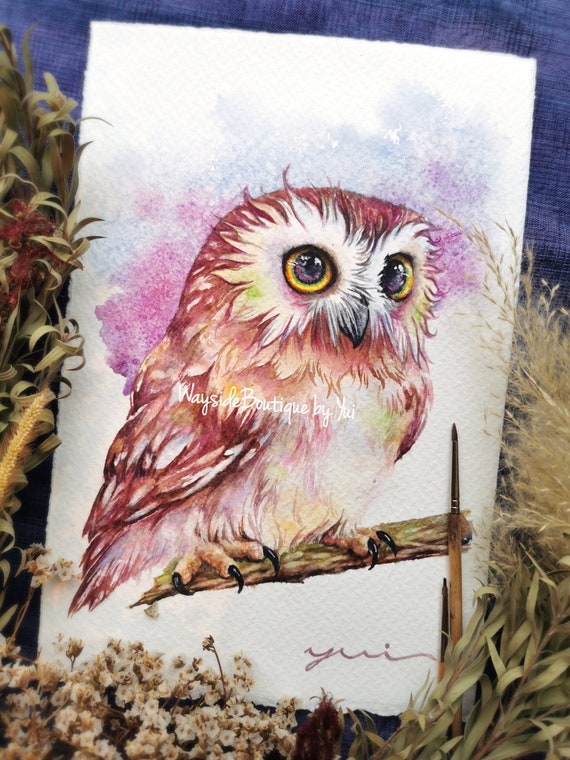Owl - ORIGINAL watercolor painting, Hand paint 100%,7.5x11 inches